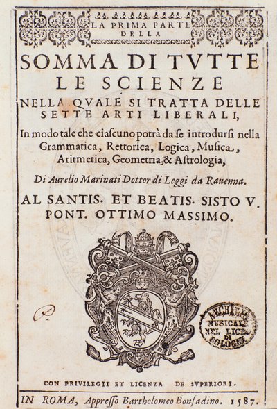 Frontispicio tomado de Somma di tutte le scienze, ensayo sobre las artes liberales, por Aurelio Marinati de Italian School