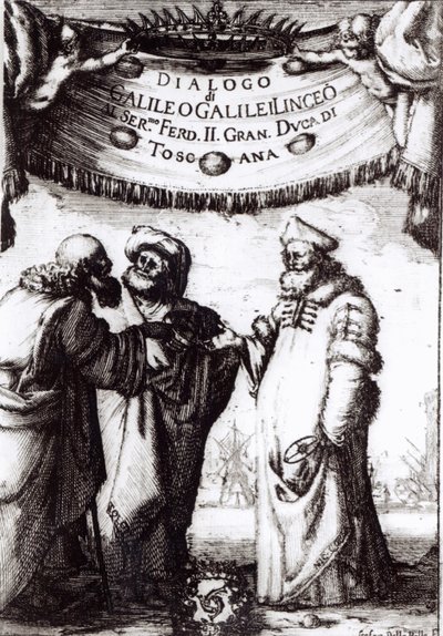 Frontispicio de Dialogo sopra i due massimi sistemi del mondo de Galileo, publicado en 1632 de Italian School
