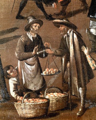 Vendedor de frutas y pequeño ladrón (detalle) (pintura) de Italian School