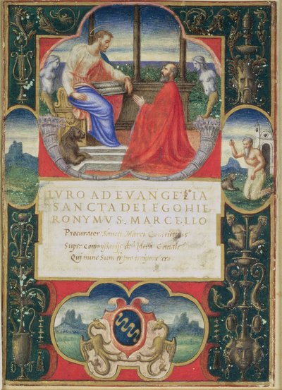 G. Marcello arrodillado ante San Marco y San Jerónimo y el escudo de armas de la Familia Marcello, 1537 de Italian School