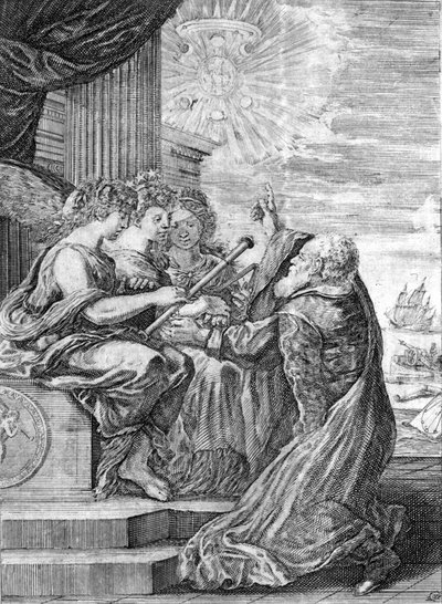Galileo, astrónomo (1564 - 1642) presenta el telescopio a las tres gracias. Con su mano derecha, indica el planeta Júpiter con sus satélites descubiertos por él mismo y dedicados a la familia Medici. Frontispicio de “Opere di Galileo” Bolonia de Italian School