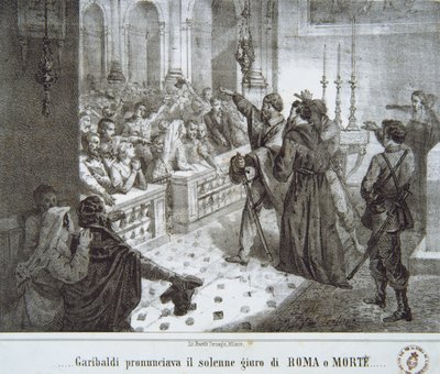 Garibaldi pronunciando la famosa frase, Roma o Muerte de Italian School
