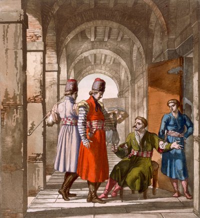 Hombres Georgianos charlando y fumando en una arcada, c.1820s-30s de Italian School