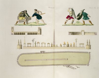 Gladiadores y un plano del circo de Caracalla, lámina 23A, clase 5 de la Parte I de La Historia de las Naciones, grabado por A. Nani de Italian School