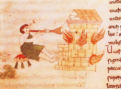 Sopladores de vidrio, miniatura de "De universo" de Rabano Mauro, manuscrito, Italia, siglo XI de Italian School