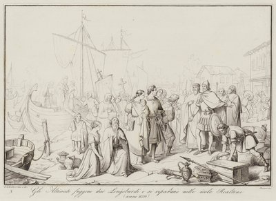 Los Altinati huyen de los Longobardos y se refugian en las islas Realtine, 639 de Italian School