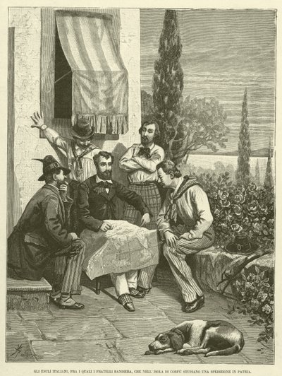 Los exiliados italianos, entre ellos los hermanos Bandiera, que en la isla de Corfú estudian una expedición a la patria de Italian School