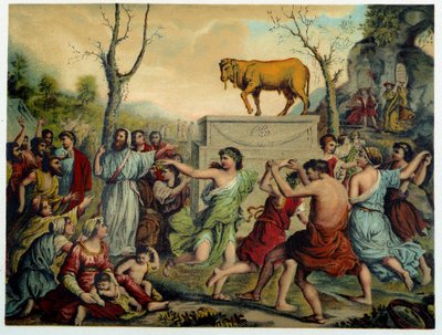 Becerro de oro en “Aurea Bibbia classica: historia de la revelación divina en el antiguo y nuevo testamento” por Giovanni Ladislao Sykora (vol. 1), traducido por Don Clemente Benetti. (Biblia italiana) de Italian School