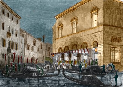 Gondoleros esperando a los espectadores fuera del Teatro La Fenice, Venecia, Italia, de Le Monde Illustré n°564, 1868 de Italian School