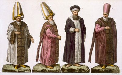 Gran Visir, Caim-Mecam, Reis-Efendi y Khodjakian, lámina 15 de la Parte III, Volumen I de La Historia de las Naciones, grabado por C. Botticella (aguafuerte) de Italian School