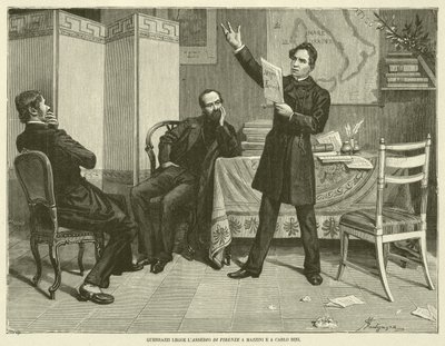 Guerrazzi leyendo el Asedio de Florencia a Mazzini y a Carlo Bini (grabado) de Italian School