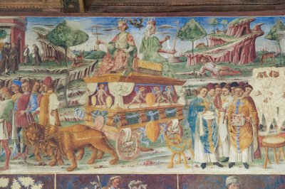 Sala de los meses, muro norte: "Julio" con el triunfo de Júpiter y Cibeles, c.1468-70 (fresco) de Italian School