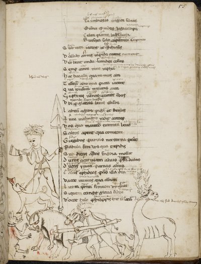 Harley 2453, f.55 Una escena de caza con un jabalí, un ciervo, cazadores, perros y una liebre, de las "Tragodiae", de Lucio Anneo Séneca de Italian School