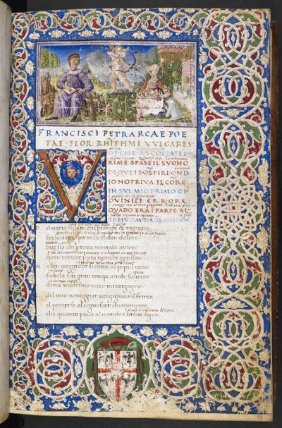 Harley 3567, f.9 Miniatura de Petrarca y Laura, con Amor apuntando su flecha a Laura, de 