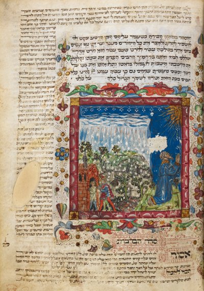 Harley 5686, f.60 Oración por la lluvia, de un libro de oraciones del Festival de Leon ben Joshua De Rossi de Cesena, Italia de Italian School