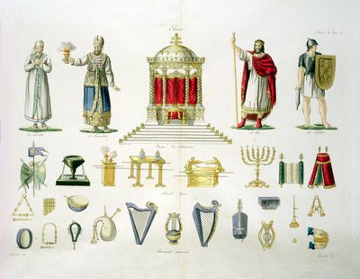 Levi hebreo, sacerdote, rey y soldado con muebles sagrados e instrumentos musicales, placa 2, clase 1 de la Parte I de La Historia de las Naciones, grabado por Marco Comirati (c.1800-69) de Italian School