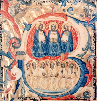 Inicial historiada B que representa la Trinidad y Cristo rodeado de ángeles, Escuela Boloñesa de Italian School