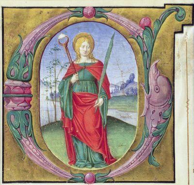 Inicial historiada G que representa a Santa Águeda de Italian School