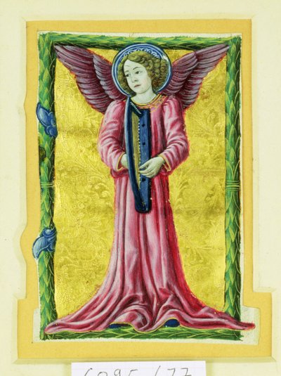 Inicial historiada "I" que representa un ángel músico tocando un arpa (vitela) de Italian School