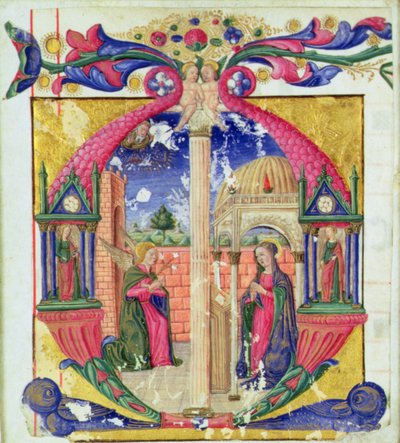 Inicial historiada "M" que representa la Anunciación, c.1475 (vitela) de Italian School