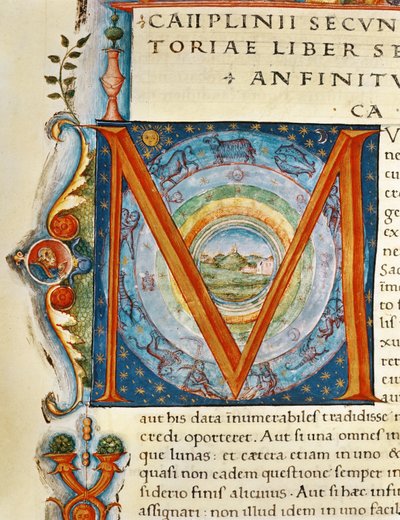 Inicial historiada "M" que representa los cielos y los signos del zodiaco, de la "Naturalis Historia" de Plinio el Viejo (vitela) de Italian School