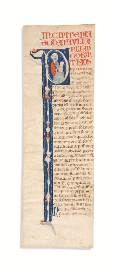 Inicial historiada "P" con San Pablo, recortada de una Biblia Atlántica iluminada, Bolonia, c.1270 (tinta sobre vitela) de Italian School