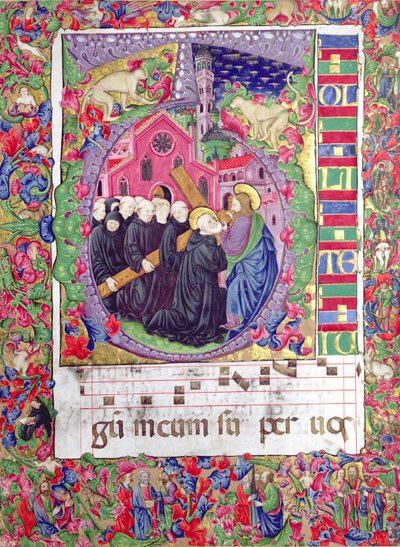 Inicial historiada "Q", que representa a Cristo sosteniendo la cruz de San Benito y los monjes benedictinos, de Venecia, c.1440 (vitela) de Italian School