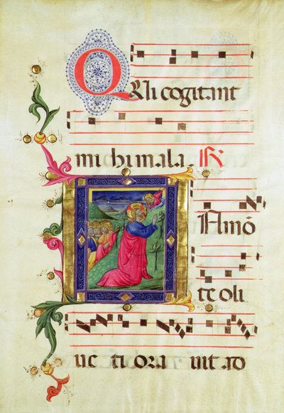 Inicial historiada "Q" que representa la Agonía en el Huerto (vitela) de Italian School