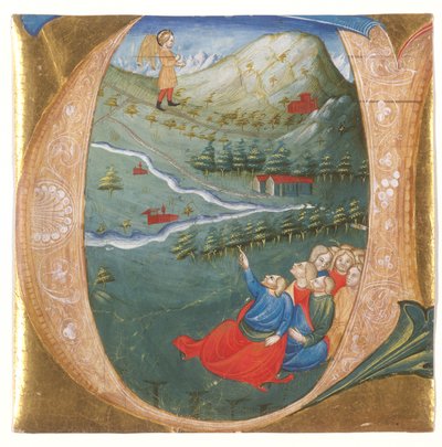 Inicial historiada que representa a Eliseo con el manto de Elías, recorte de un antifonario, c.1440 (temple y pan de oro sobre pergamino) de Italian School