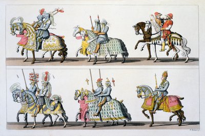 Sacro Imperio Romano: Participantes en un torneo en el Castillo de Luxemburgo en la época de Maximiliano I, de Costumi dei Romani, Svizzeri... de Italian School