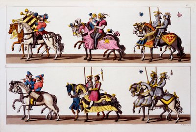 Sacro Imperio Romano: Participantes en un torneo en el Castillo de Luxemburgo en la época de Maximiliano I, de Costumi dei Romani, Svizzeri... de Italian School