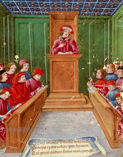 Humanismo:" La enseñanza del derecho notarial en la Universidad de Bolonia" Miniatura de un manuscrito del siglo XV Museo Civico, Bolonia de Italian School