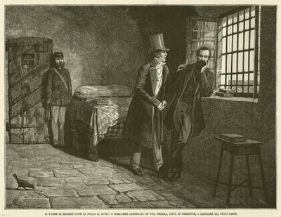 El padre de Mazzini pone al hijo en la encrucijada, quedarse confinado en una pequeña ciudad de Piamonte o dejar los estados sardos (grabado) de Italian School