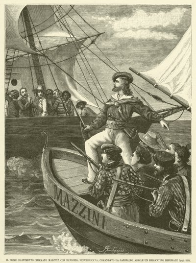 El primer barco llamado Mazzini, con bandera republicana, comandado por Garibaldi, asalta un brigantín imperial de Italian School