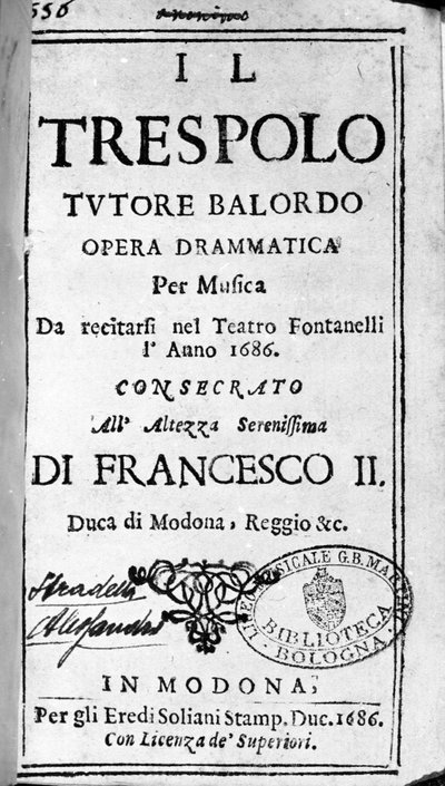 Il trespolo tutore balordo partitura para la ópera de Alessandro Stradella (1644 - 1682) compositor italiano. Módena 1688. de Italian School