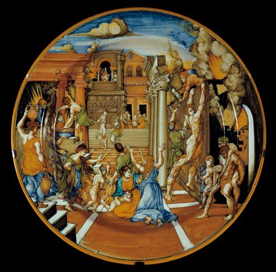 Ilíada de Homero: plato de loza que representa el incendio de Troya. realizado en Faenza. 1525-1530. de Italian School