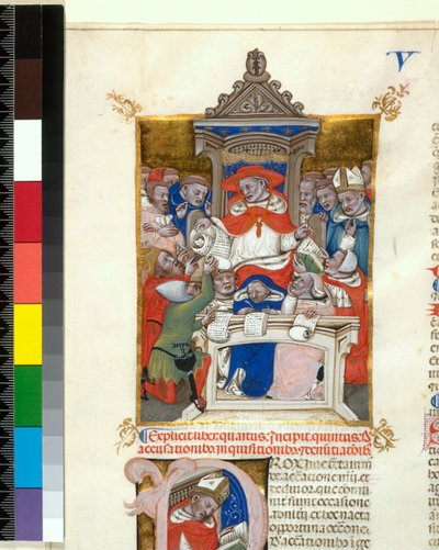 Manuscrito iluminado. Novella en Decretales. Comienzo del Libro V, De accusationibus, inquisitionibus et denuntiationibus.a., c.1355-1365 de Italian School
