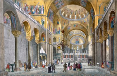 Interior de la Basílica de San Marcos, mirando hacia la cúpula, de Vistas de Venecia por Cecchini, Pividor y Viola, c.1850 de Italian School