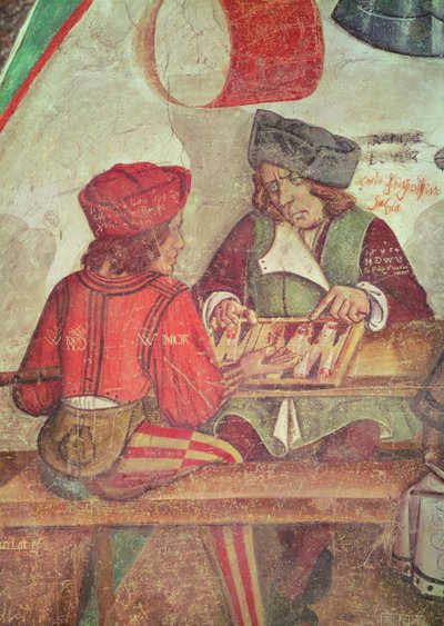 Interior de una posada, detalle de jugadores de backgammon (fresco) de Italian School