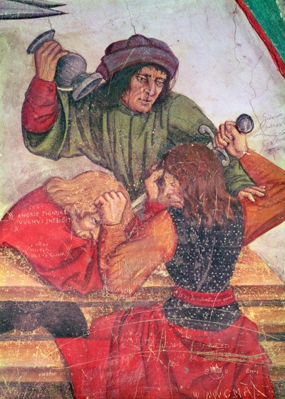 Interior de una posada, detalle de bebedores peleando (fresco) de Italian School