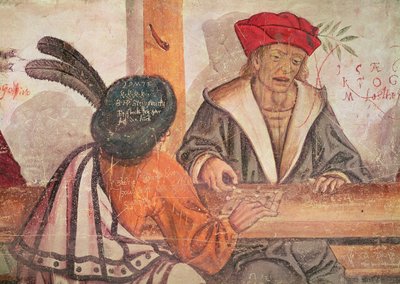 Interior de una posada, detalle de dos hombres jugando a un juego de mesa (fresco) de Italian School