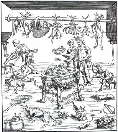Interior de una cocina italiana, después de un grabado en Banchetti compositioni di Vivende de Christoforo di Messisburgo, publicado en 1549 de Italian School