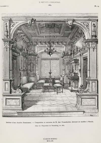 Interior de dormitorio de estilo neorrenacentista por Possenbacher, Mónaco, ilustración de L