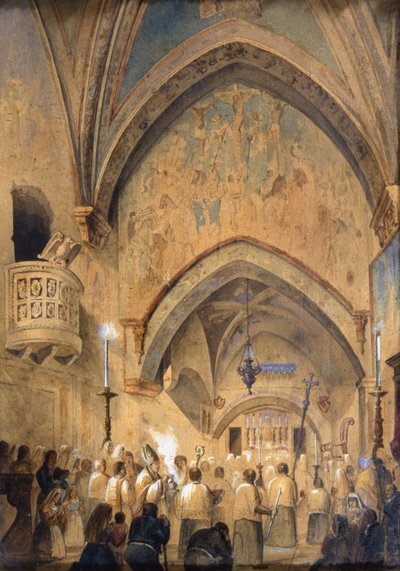 Interior del Sacro Speco, Subiaco, Italia de Italian School