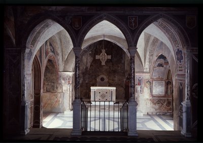 Vista interior del presbiterio y altar, cueva de San Benito (sacro speco) Subiaco de Italian School