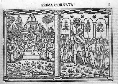 Introducción: representación del autor del Decamerón rodeado de diez jóvenes. Ilustración del primer día del Decamerón (1349-1351) de Giovanni Boccaccio. Grabado en 