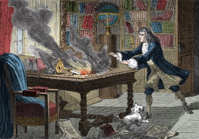 El perro de Isaac Newton derribando una vela y prendiendo fuego a sus papeles de Italian School