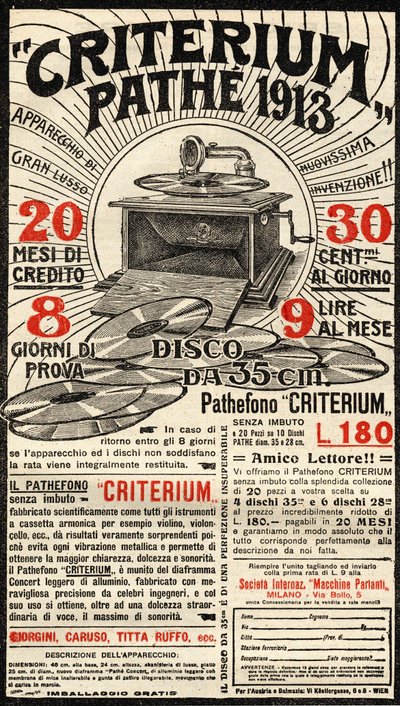 Anuncio italiano del gramófono Criterium de la marca Pathé. de Italian School