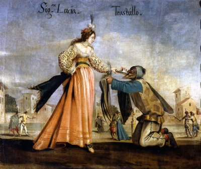 Máscaras italianas. Escuela de Bolonia del siglo XVII: Madame Lucia y Trastullo. Museo Scala Milán de Italian School