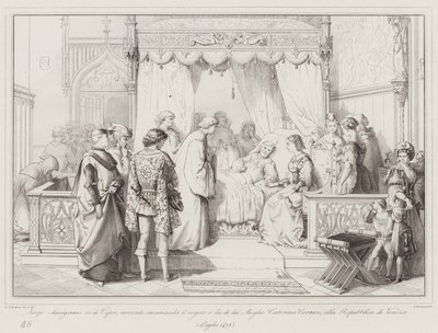 Jacopo Lusignano, rey de Chipre, al morir, recomienda el reino y su esposa Caterina Cornaro de Italian School